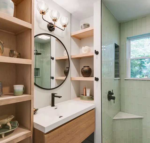 Wood vanity and open shelving facing a sage tile shower with matte black valve