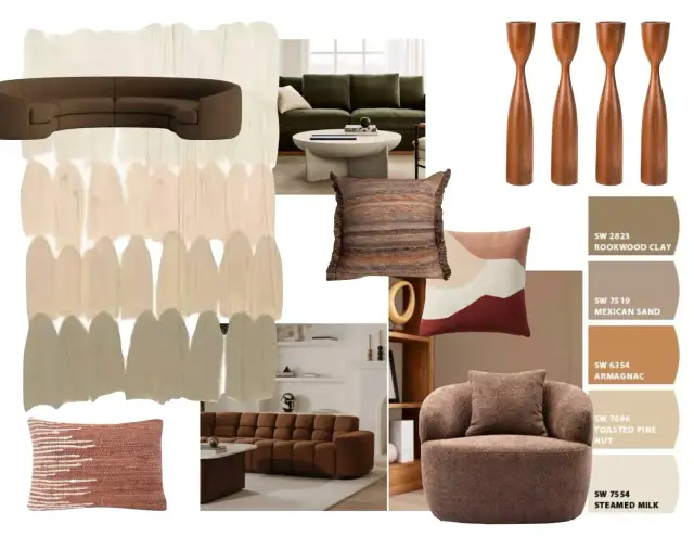 Interior design mood board with paint swatches, fabric, furniture and wood spindle samples